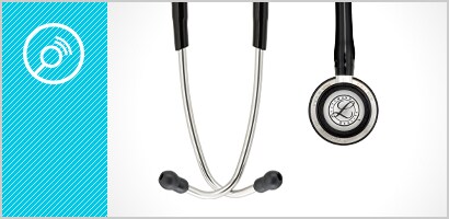 Chestpiece and eartips of a 3M Littmann Classic III Stethoscope plus a chestpiece icon in white on a cyan background.
