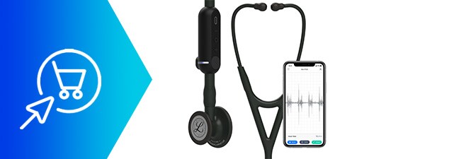 Close up of a clinician using 3M™ Littmann® CORE Digital Stethoscope on a patient’s chest
